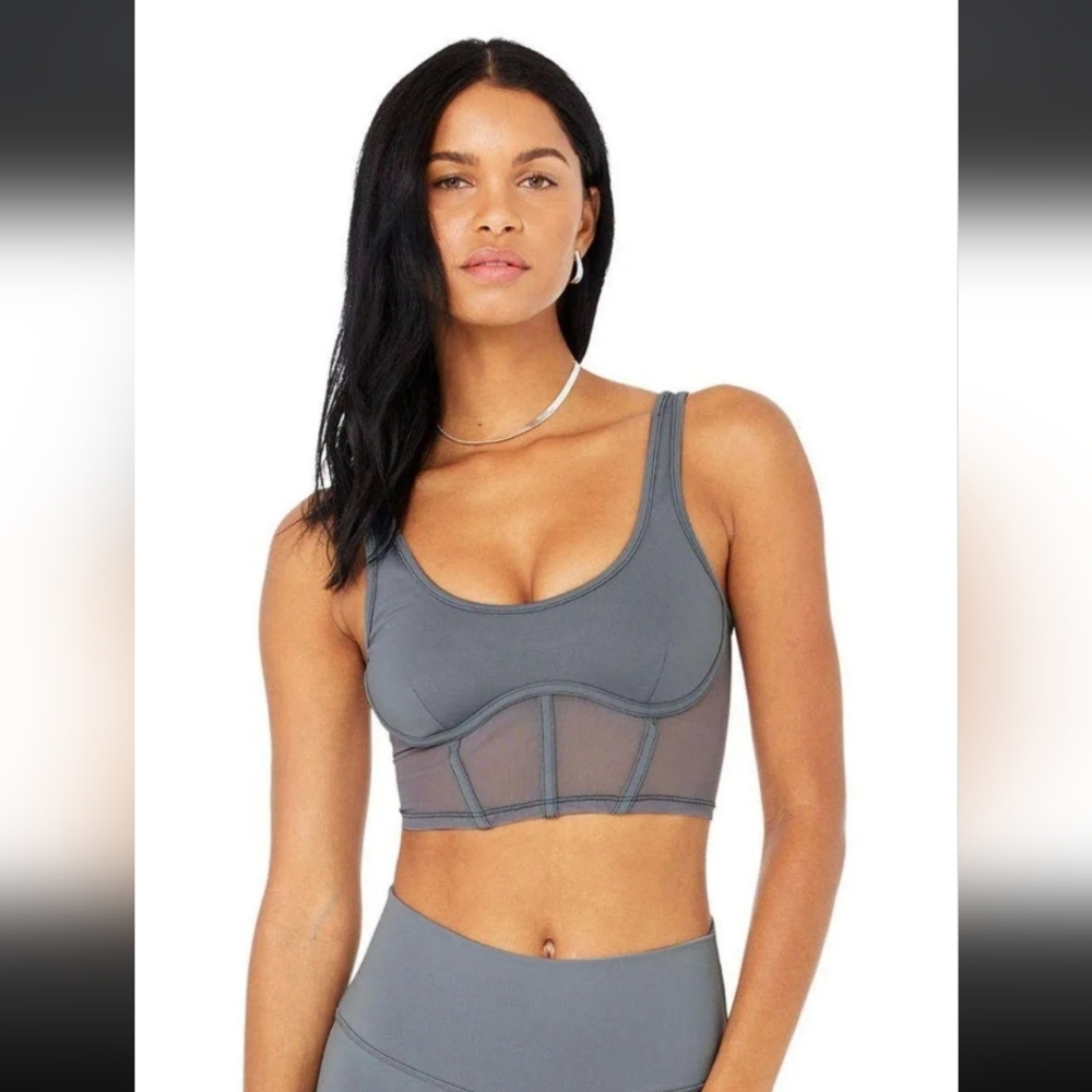 Alo Yoga Airbrush Mesh Corset Bra Tank Top Steel Blue Grey Large
